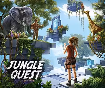 Escape Room 50' Jungle Quest scene with explorer puzzles, elephant and giraffe in lush tropical ruins