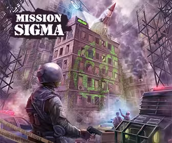 Escape Room 50' Mission Sigma artwork showing agent facing a ruined city building amid smoke and sirens