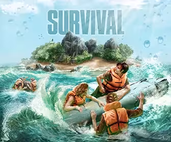 Survival Escape Room 60' experience with shipwreck raft scene, teamwork puzzles, and ocean storm challenge
