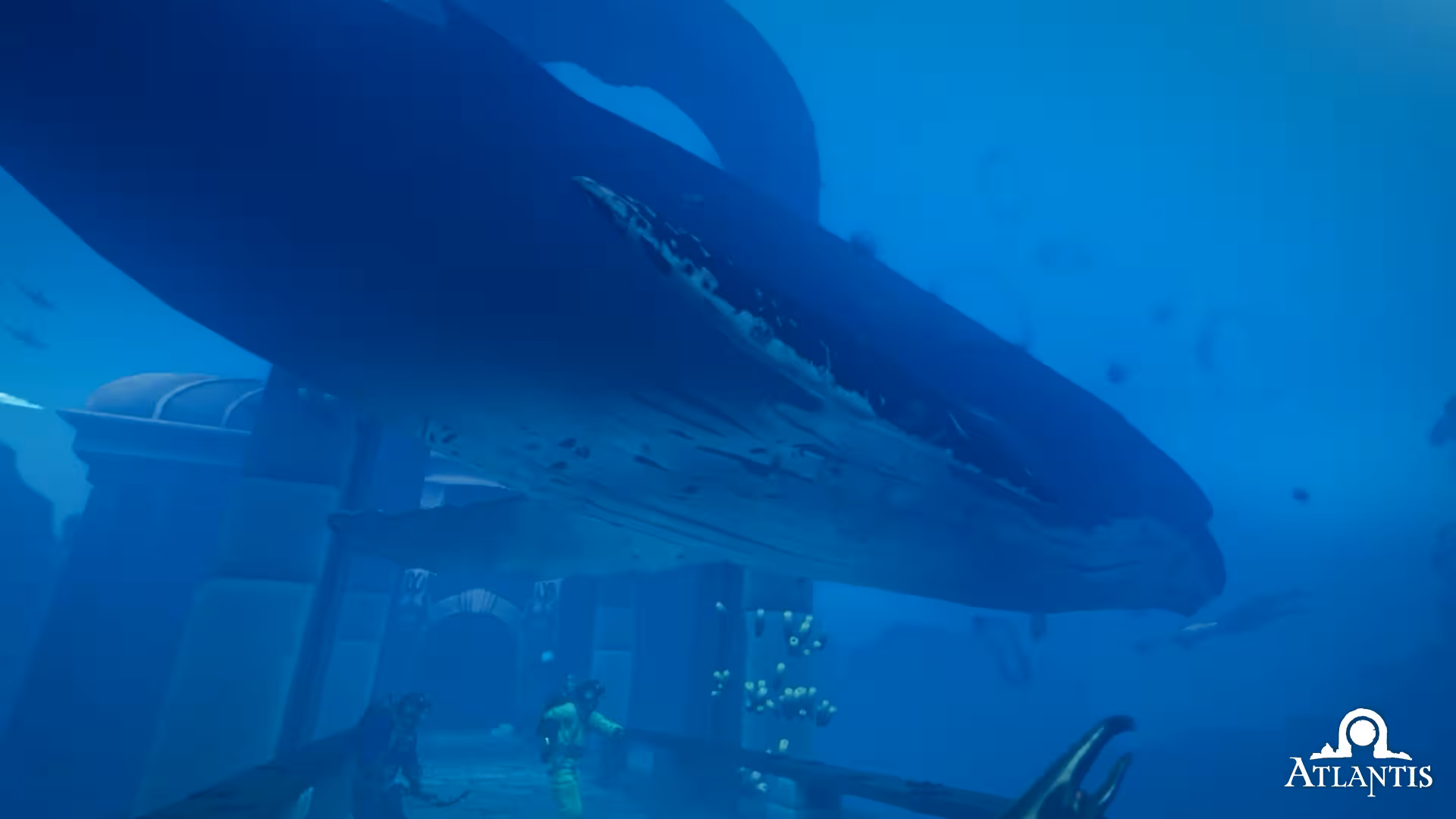 Giant whale gliding above submerged Atlantis ruins, cinematic Escape Room 60' underwater escape adventure setting
