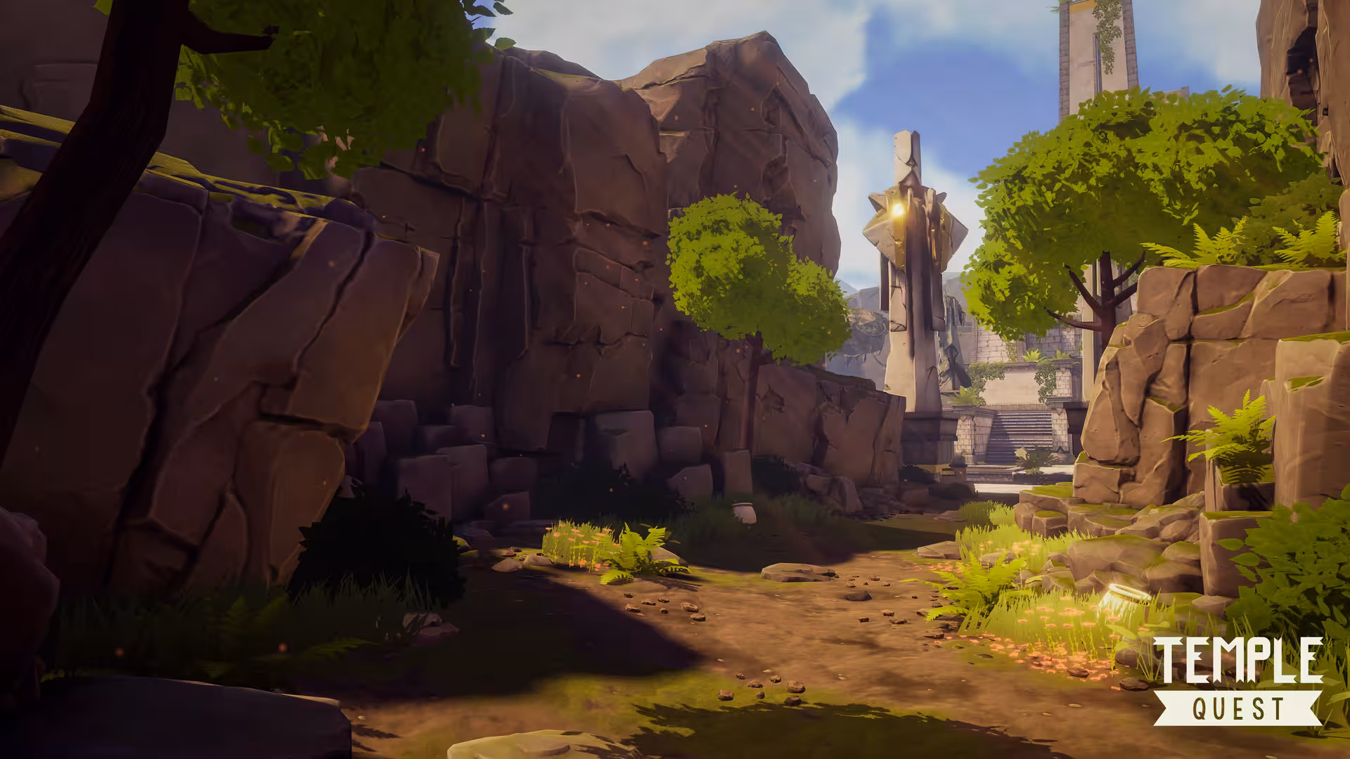 Escape Room Free Roam 30' outdoor puzzle trail through rocky canyon path leading to ancient temple ruins