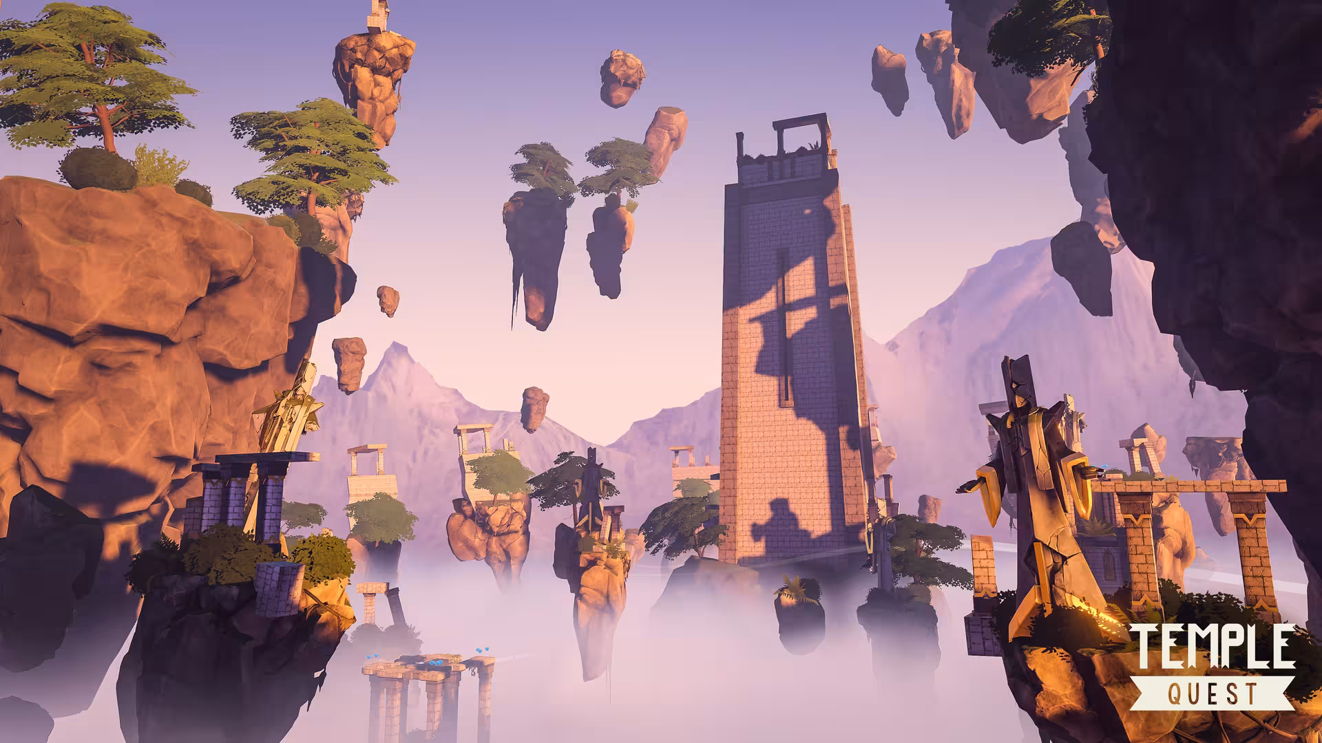 Escape Room Free Roam 30' Temple Quest skyline with floating islands, towering ruins and adventure puzzles