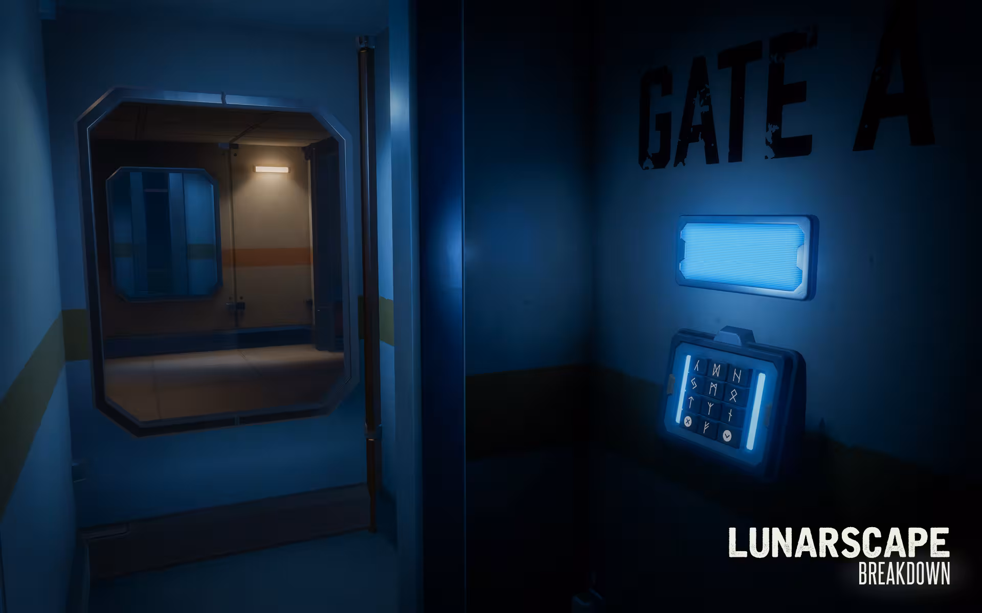Gate A corridor keypad puzzle in Escape Room Free Roam 30', featuring blue-lit access panel and airlock entry