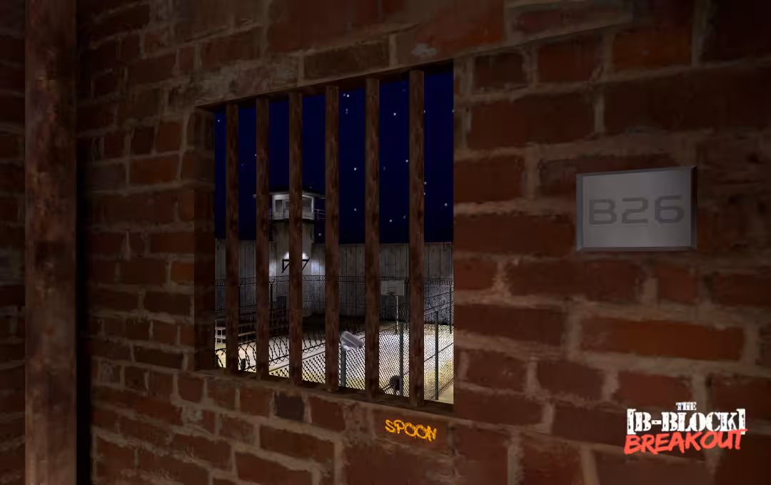 View through prison cell bars in Escape Room Free Roam 60' with B-Block Breakout yard at night