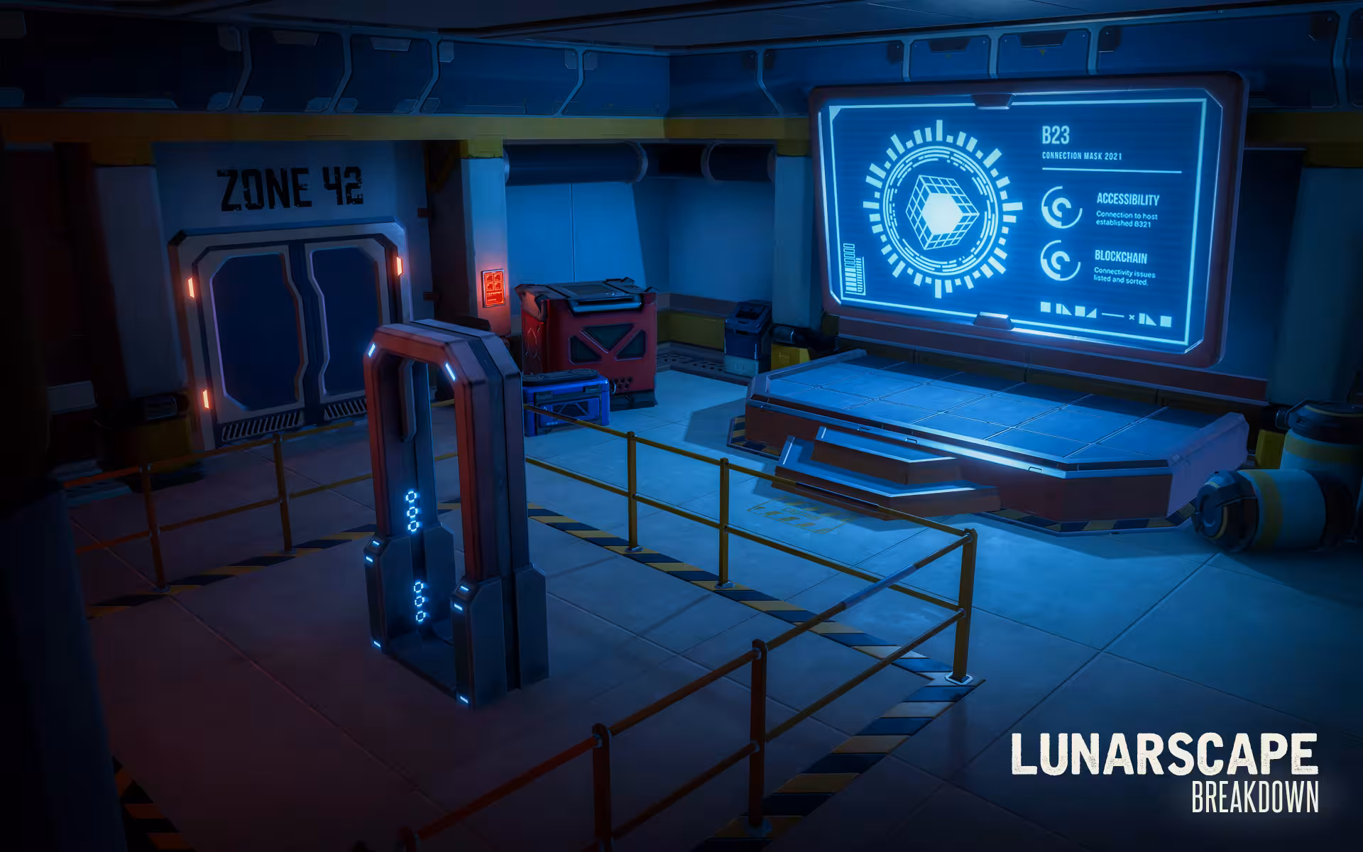 Sci-fi control room in Escape Room Free Roam 30', with Zone 42 door, crates, and glowing mission screen