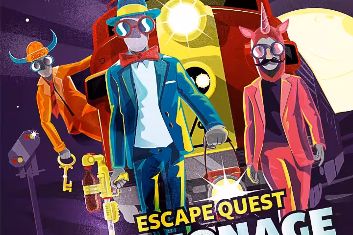 Espionage Express Escape Room 30' poster with masked agents and train, spy-themed puzzle mission adventure