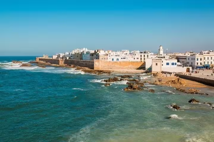 Essaouira coastal ramparts and white medina on Atlantic, highlight of Morocco 12 days tour from Tanger