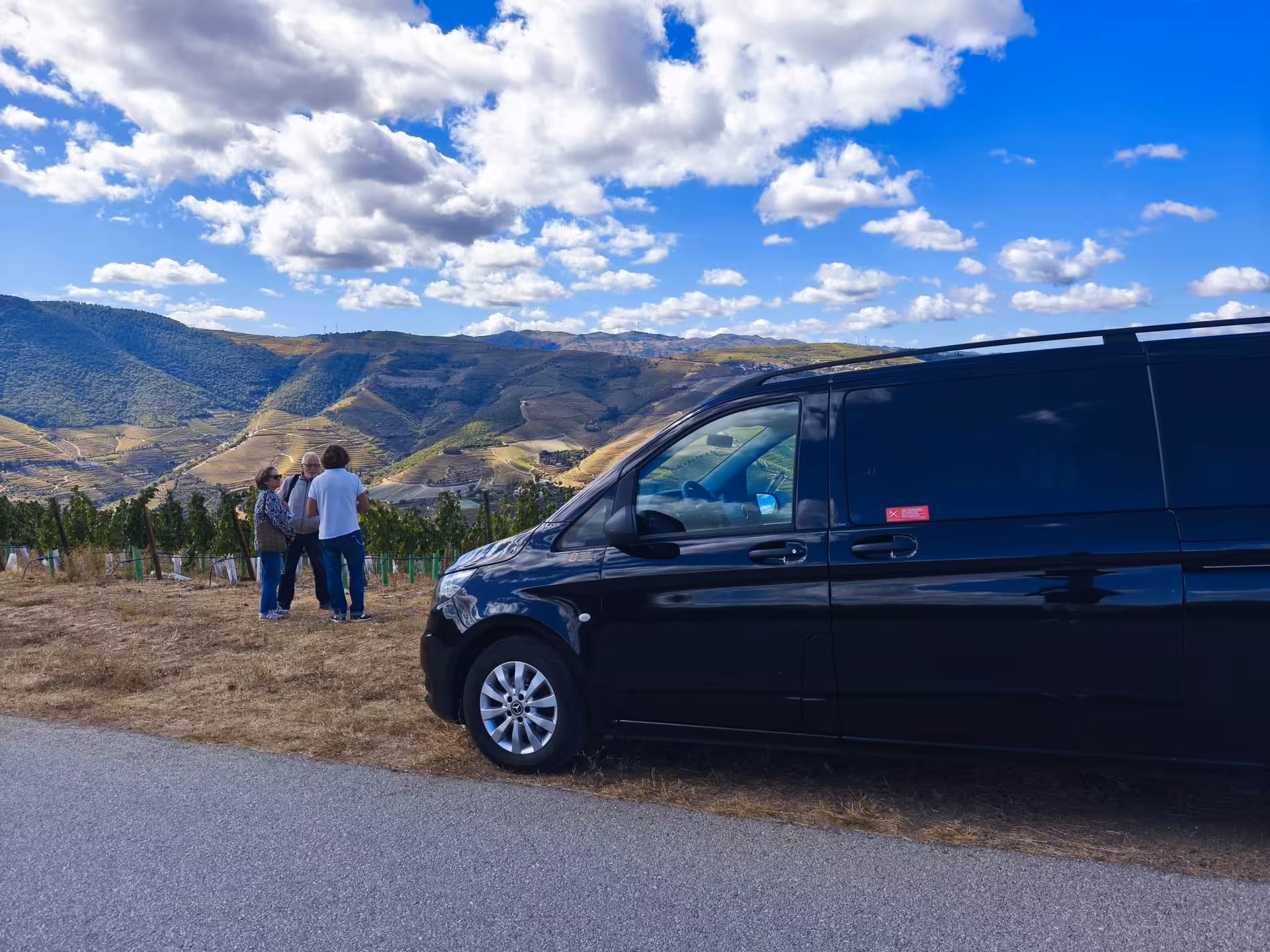 Essence Tour private van stop at Douro Valley viewpoint, travelers admiring terraced vineyards and mountains