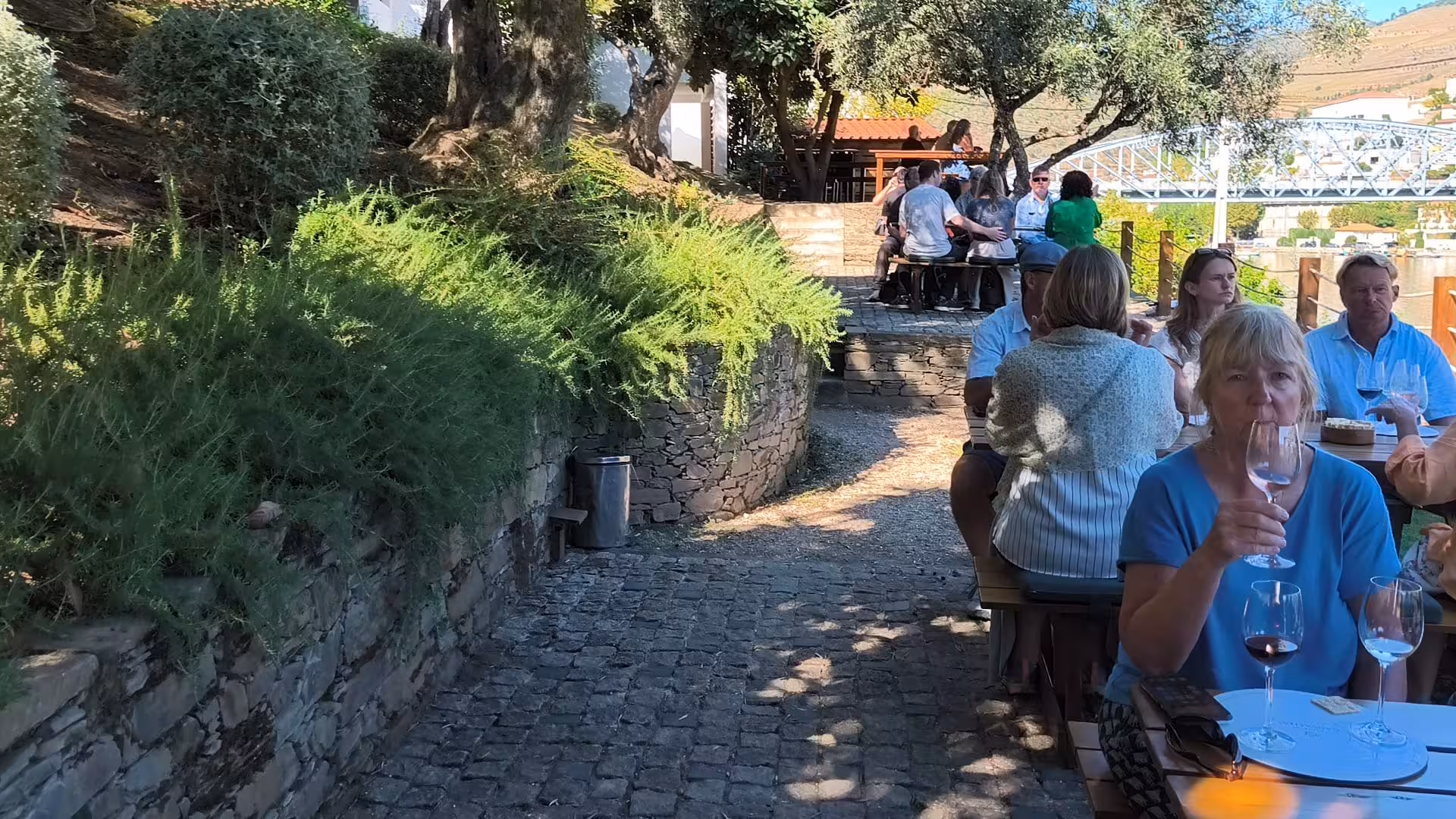 Essence Tour riverside wine tasting with guests at shaded terrace tables near Douro Valley vineyards
