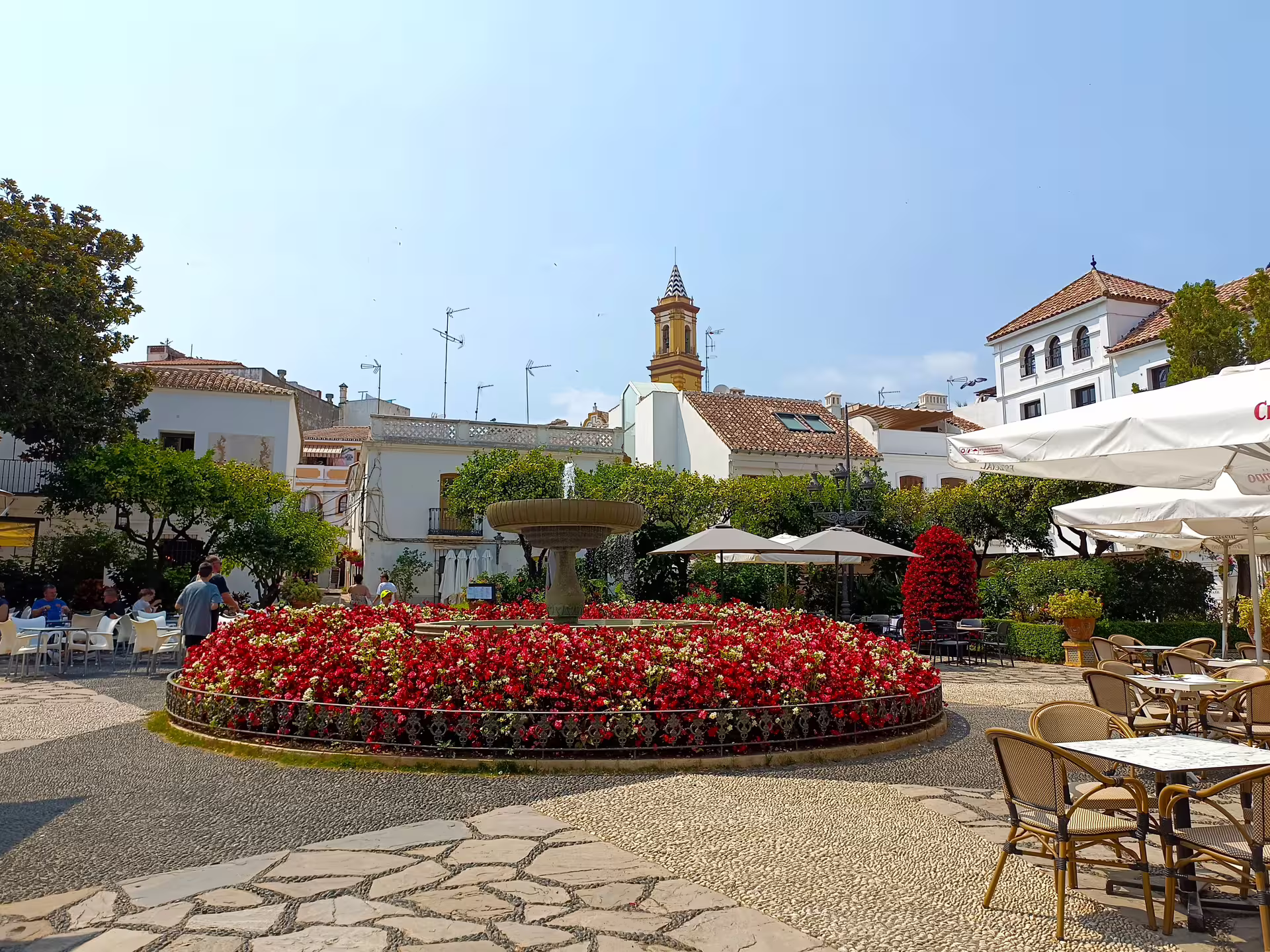 Flower-filled Estepona square with fountain and café terraces, highlight stop on Casares and Estepona private tour
