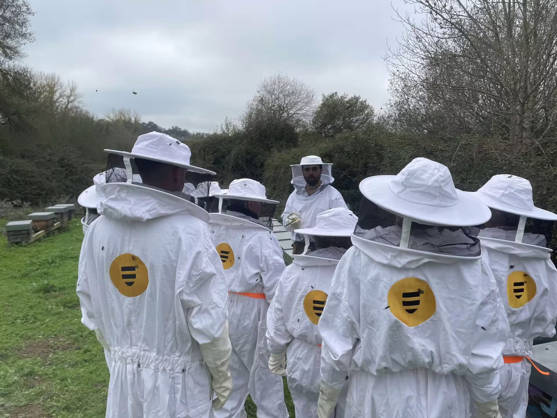 Tour group in protective gear listens to a guide at an apiary on the Évora hive exploration tour.