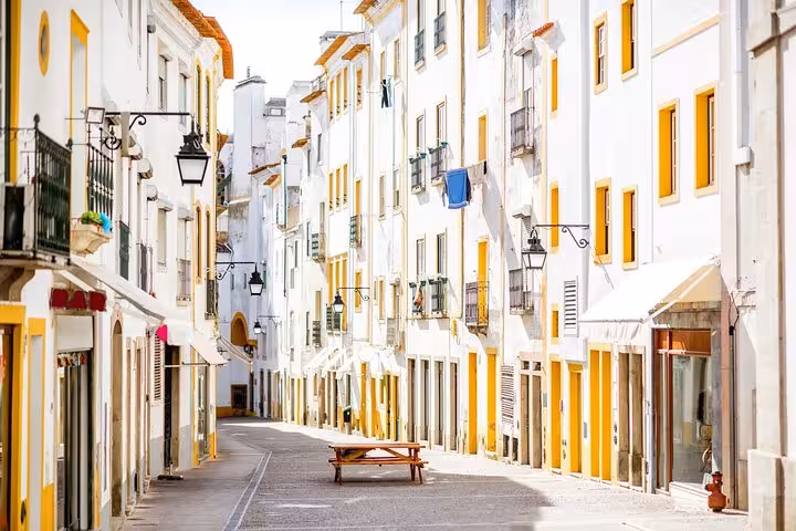 Picturesque alley in Évora featuring whitewashed buildings with yellow trim on a guided walking tour.