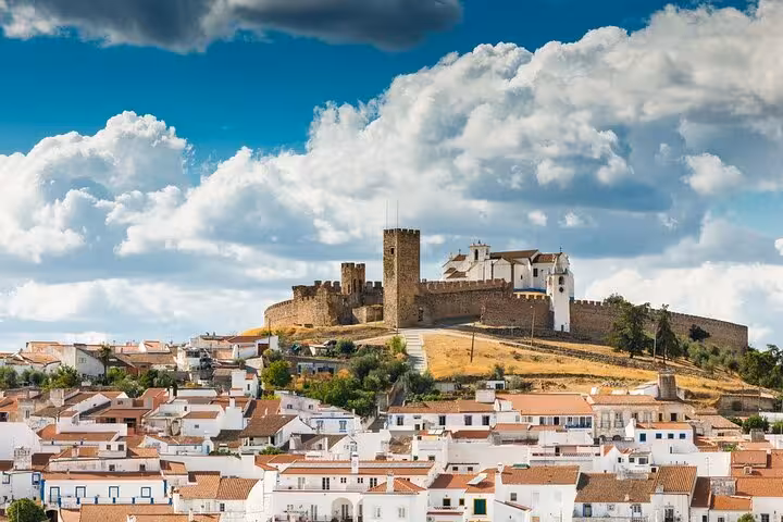Discover the scenic view of a medieval castle overlooking the charming rooftops of Évora on a private tour from Lisbon.