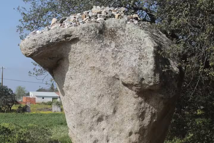 Ancient megalithic stone surrounded by greenery on a guided private day tour to Évora and Monsaraz, highlighting historical sites.