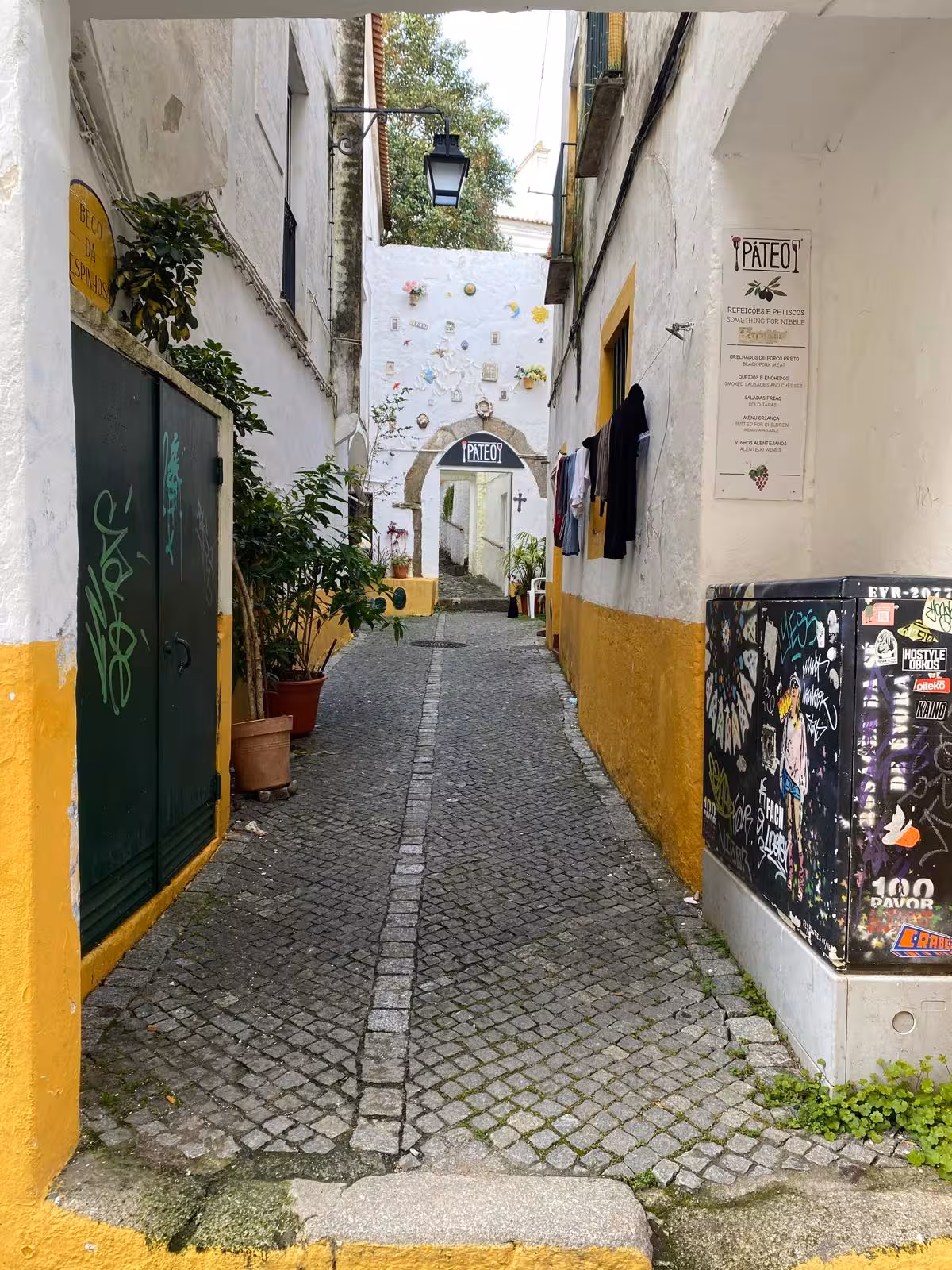 Charming narrow alleyway in Évora with vibrant yellow accents, perfect for exploring Portuguese culture.