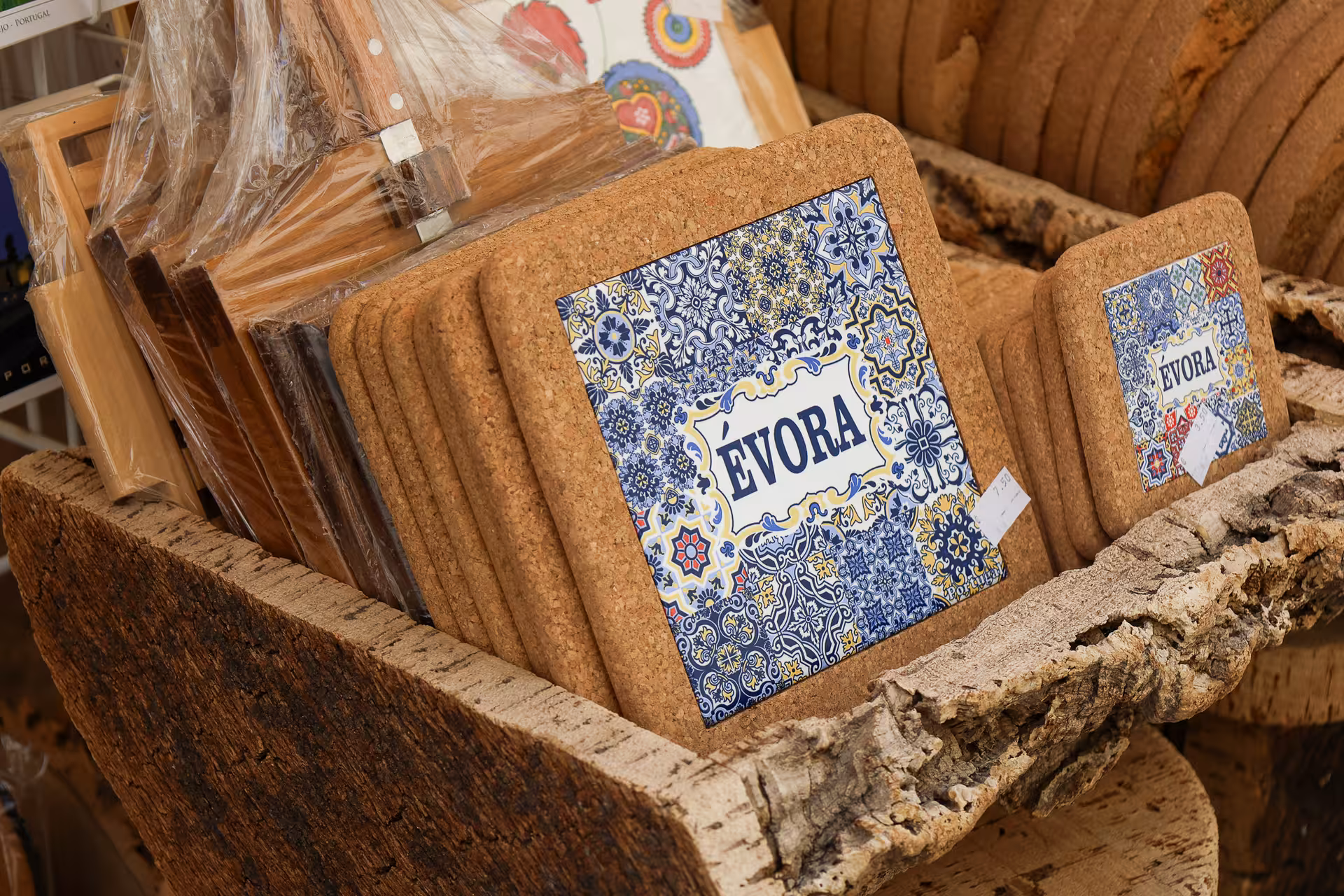 Cork souvenirs featuring Évora tiles, perfect for travelers on the Évora, Chapel of Bones & Alentejo Wine Tour.