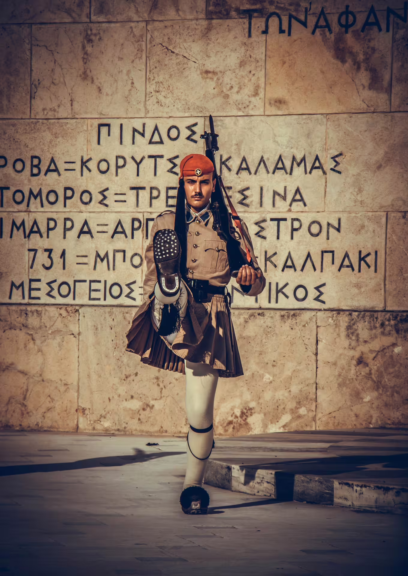 Evzone guard in traditional uniform at Syntagma, Athens, during classical full-day private tour stop