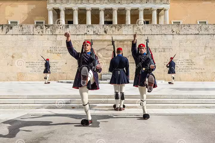Evzones performing the changing of the guard at the Tomb of the Unknown Soldier, Athens private tour