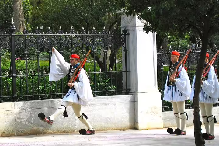 Evzones guards marching at Syntagma Square in Athens on a private full-day city tour experience