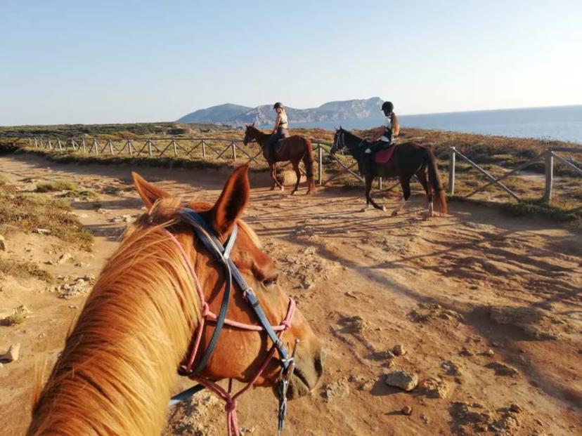 Expert riders on a scenic horseback tour in Porto Ferro with views of Lake Baratz and Sardinian coastline in Alghero.