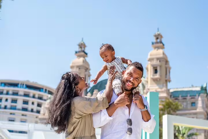 Family portrait in Monte Carlo with Casino de Monte-Carlo backdrop on a private Monaco travel photographer tour