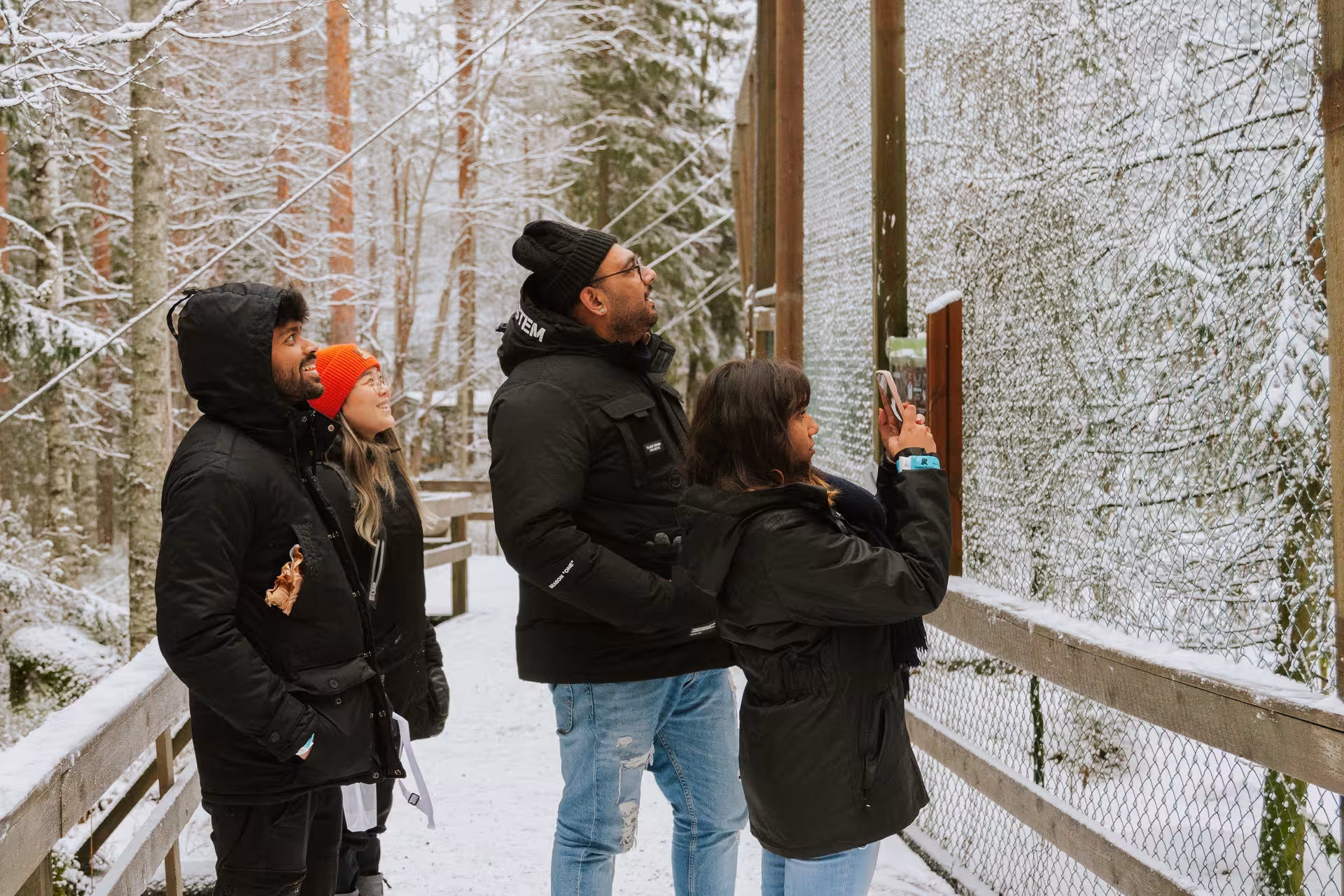 Family enjoying a snowy day at Ranua Wildlife Park, observing wildlife and capturing moments with their smartphones.
