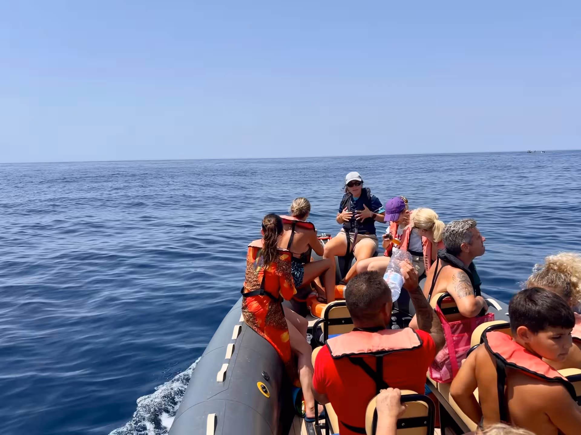 Family-friendly RIB cruise with guide explaining dolphin and marine wildlife spotting tips on calm Atlantic ocean waters
