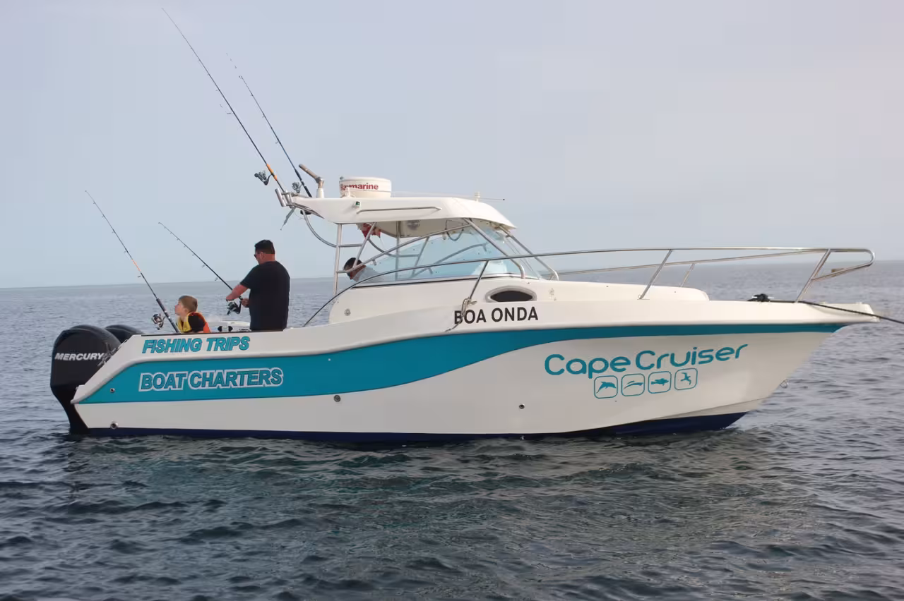Family enjoying a thrilling sport fishing trip aboard a charter boat on the open ocean, perfect for fishing enthusiasts.