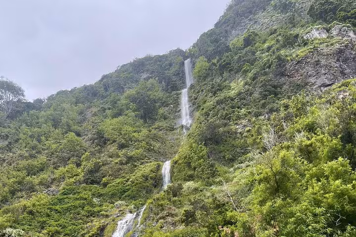 Multi-tier waterfall cascading through dense Madeira hillside, nature highlight on Fanal Forest skywalk 4x4 tour