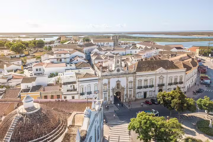 Aerial view of Faro old town and marina, start point for Faro to Lisbon private transfer with 2-hour Évora tour