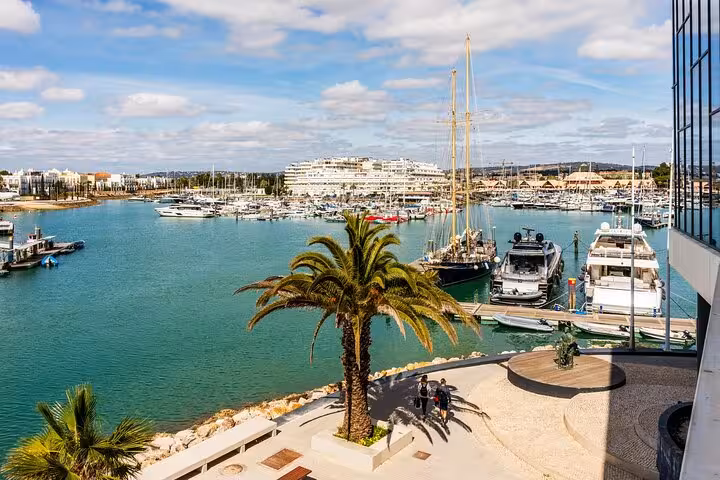 Scenic view of Faro Marina with yachts and palm trees under a blue sky, perfect for a relaxing city walk.