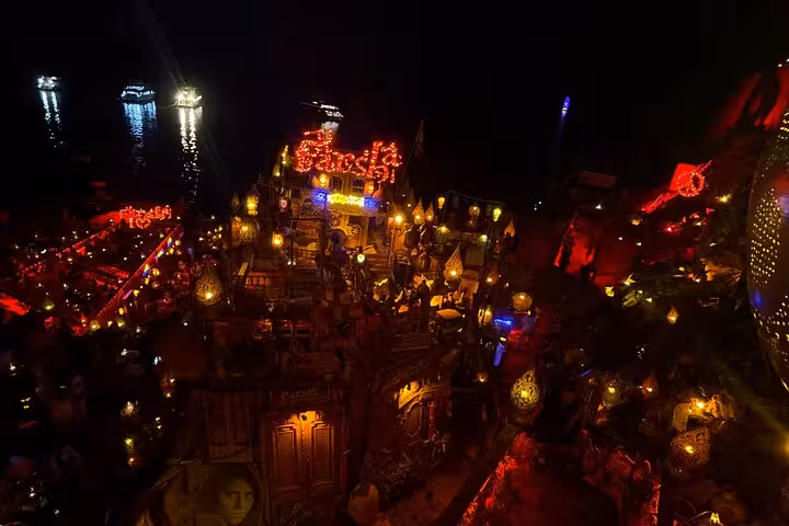 Night view of Farsha Cafe Sharm El Sheikh glowing with lanterns, a highlight of the guided city sightseeing tour