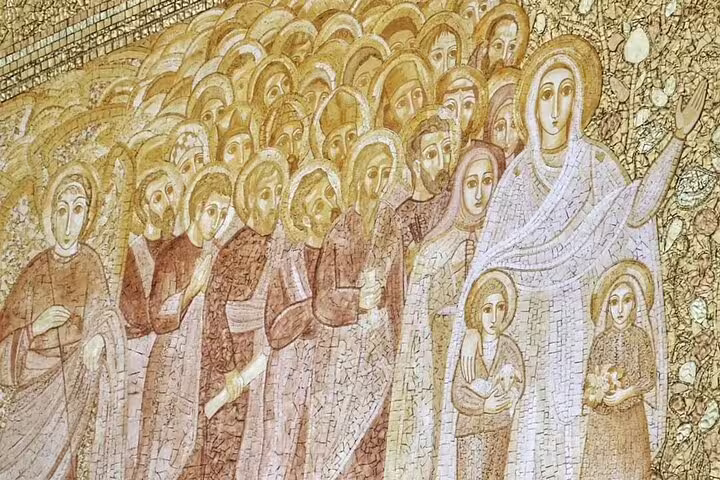 Intricate religious mosaic depicting a sacred scene in Fátima, perfect for a cultural day trip from Lisbon in small groups.