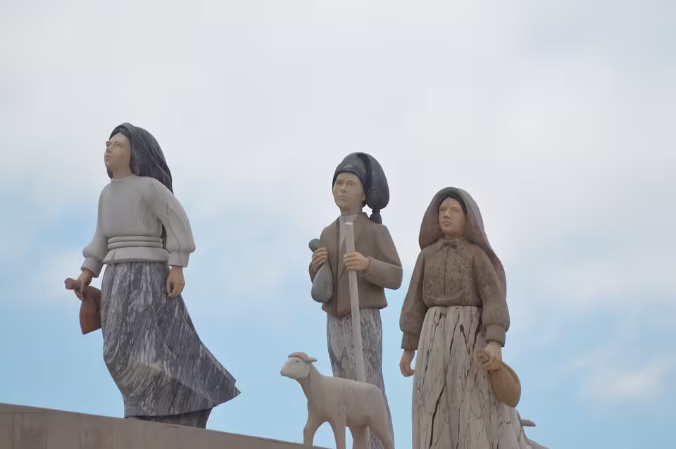 Sculptures of shepherd children and a lamb in Fátima commemorate the historic Marian apparitions, reflecting cultural heritage.