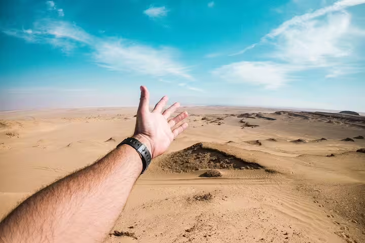 Traveler’s hand pointing over Fayoum desert dunes on a full-day bird watching tour near Wadi El Rayan