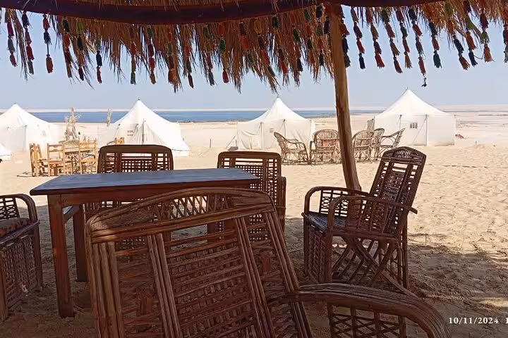 Scenic view of wicker chairs under a thatched canopy facing white tents on sandy Fayoum Oasis during a private jeep tour.