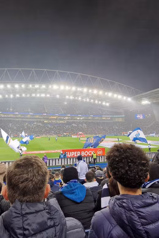 Fans waving FC Porto flags inside Estádio do Dragão at night, join a local for an authentic Porto matchday experience