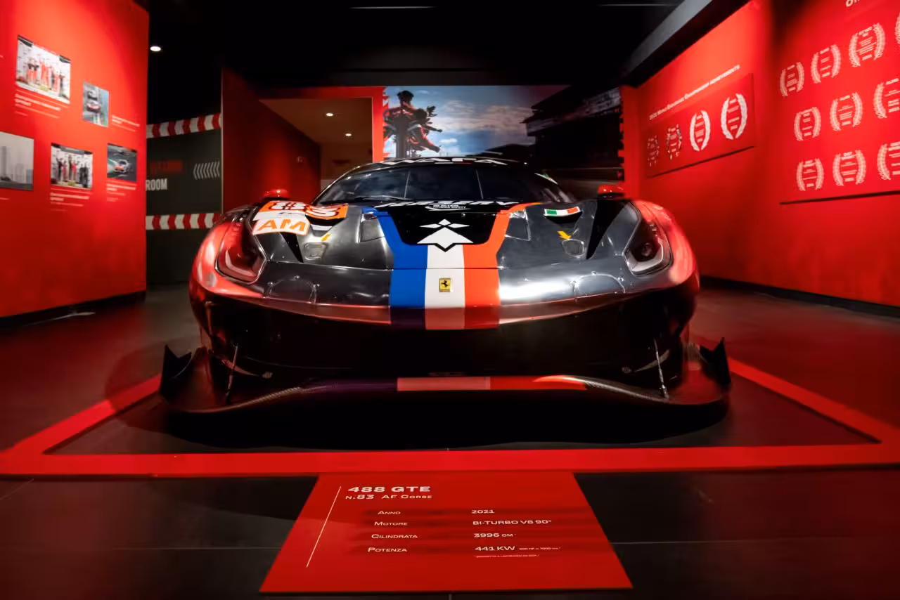 Ferrari 488 GTE race car on display inside Museo Ferrari Maranello on Ducati and Ferrari Museum combo tour