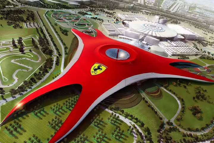 Aerial view of Ferrari World Abu Dhabi's iconic red roof, a thrilling highlight of the private 4x4 day tour.