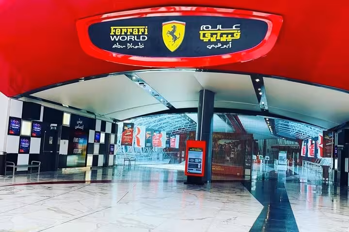 Ferrari World Abu Dhabi entrance on city tour with photo stop and coffee at 300M Restaurant, Etihad Towers