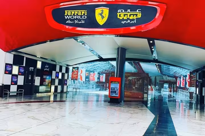 Ferrari World Abu Dhabi entrance on Yas Island, a top stop on layover sightseeing tour with airport transfers