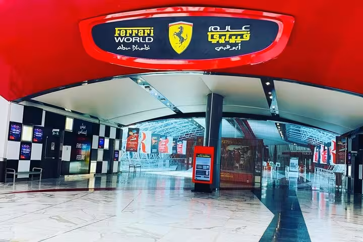 Ferrari World Abu Dhabi entrance on Yas Island, popular add-on stop on Abu Dhabi city tour