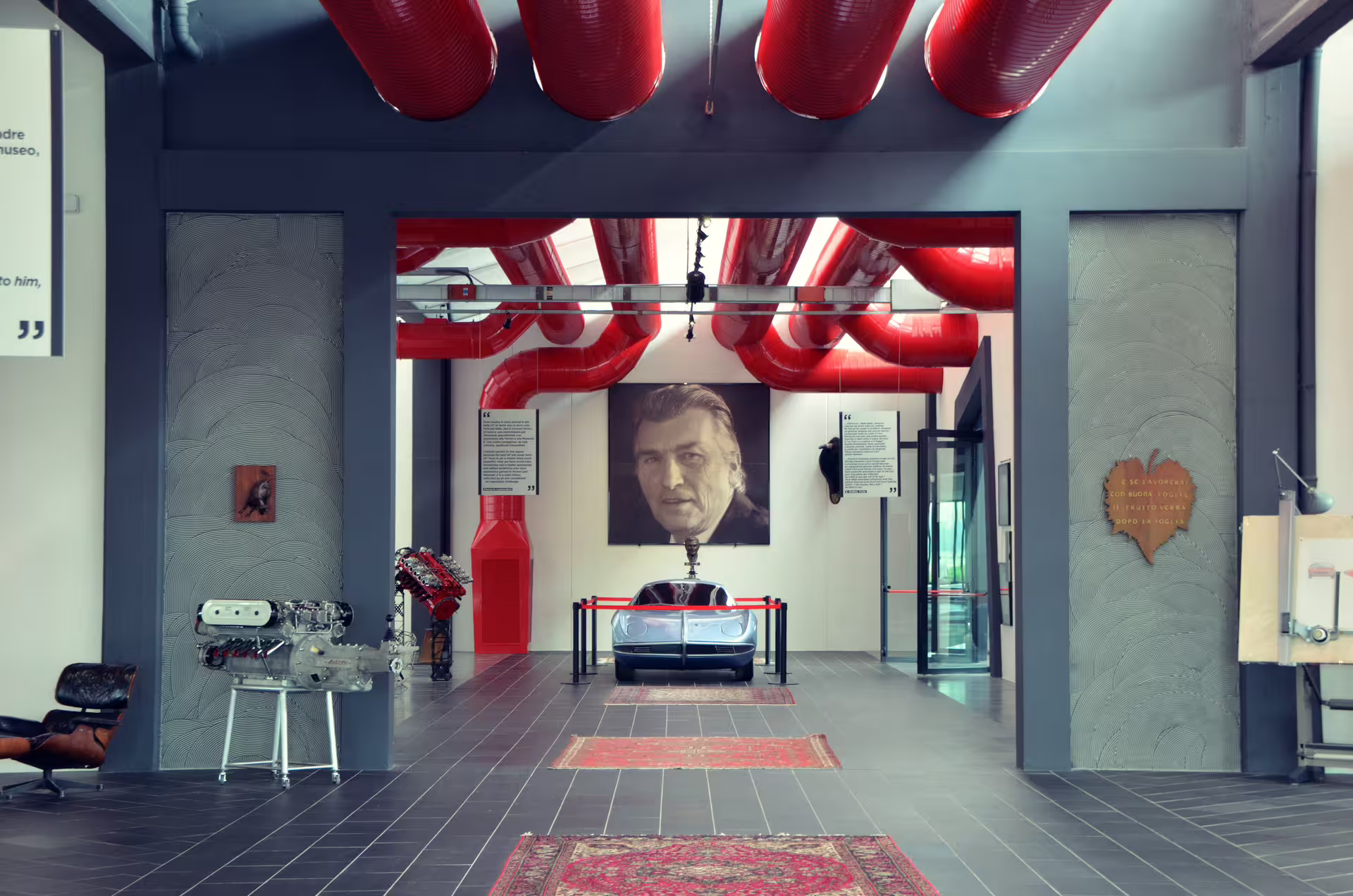 Interior of Ferruccio Lamborghini Museum near Bologna with classic car display, included entry ticket