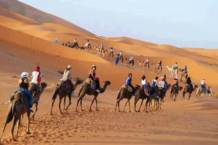 A caravan of camels carrying tourists across the stunning Sahara desert landscapes on a Fes to Marrakech luxury tour.