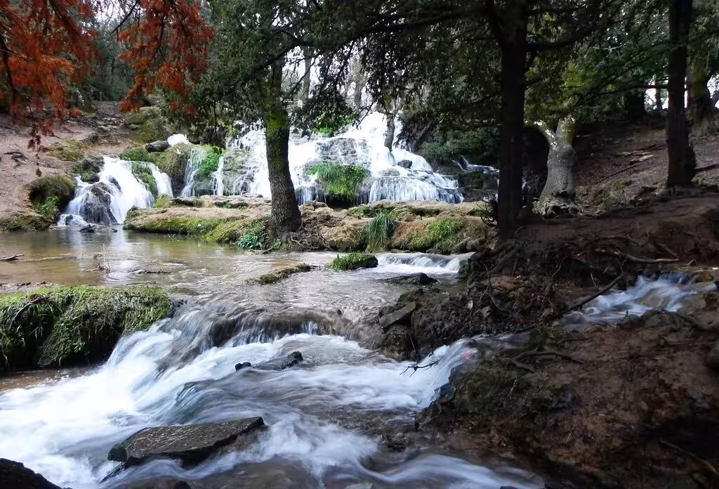 Lush waterfall in a forested area near Fes, showcasing natural beauty on the 4-day private desert tour to Merzouga.