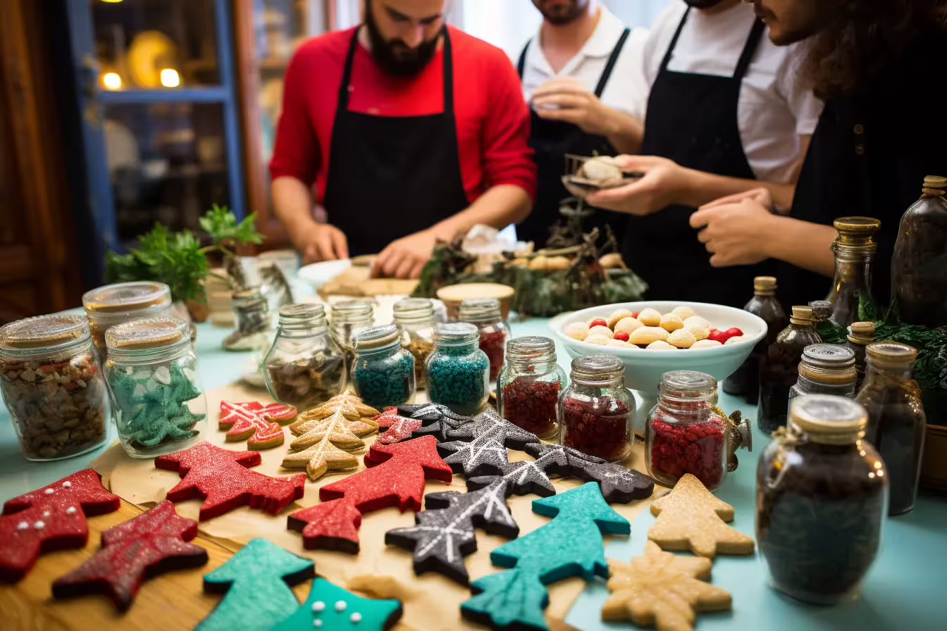 People decorating festive cookies with colorful icing and toppings at a holiday-themed baking workshop surrounded by ingredients.