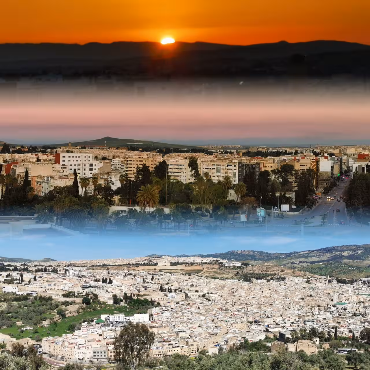 Sunset over Fez city skyline and hills, panoramic viewpoint on a Best of Morocco itinerary
