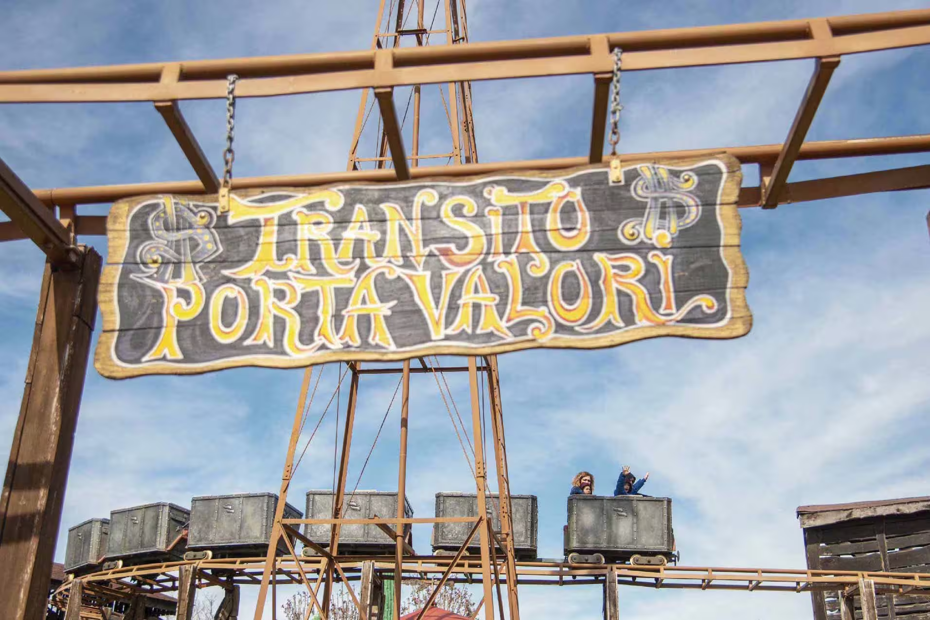 Transito Porta Valori themed roller coaster sign at Fiabilandia Rimini, amusement park entrance ticket