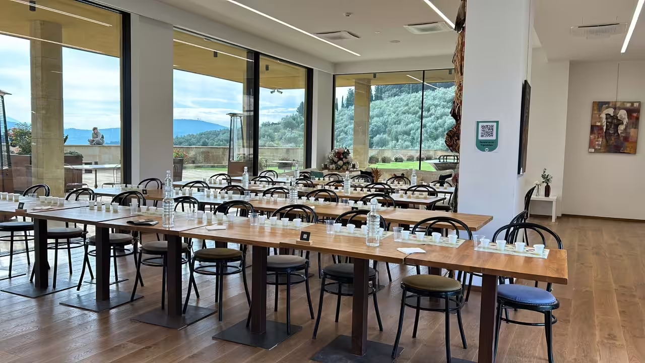 Tasting room set for extra virgin olive oil sampling at Frantoio Buonamici, Fiesole Olio EVO Bronze tour