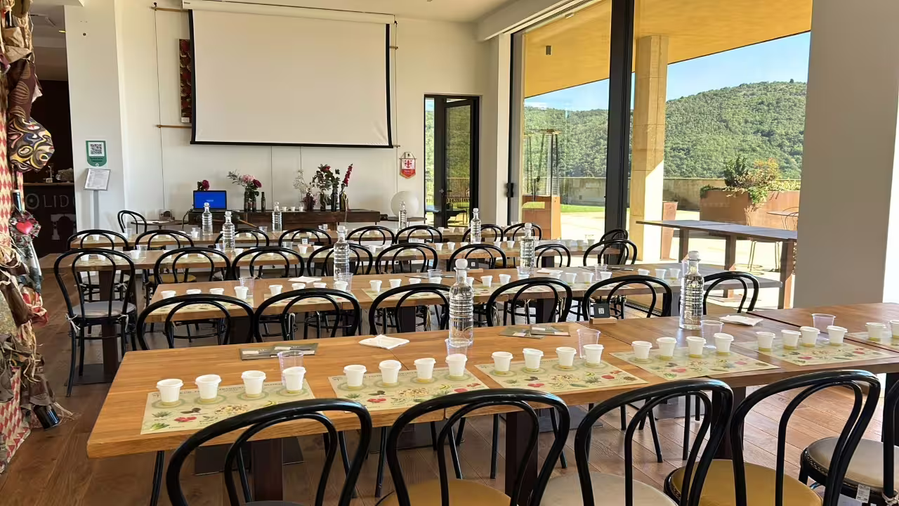 Tasting room set for Fiesole Olio EVO Bronze Experience at Frantoio Buonamici with olive oil cups